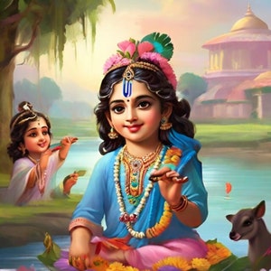May include: A painting of two young children, one playing a flute and the other holding a leaf. The children are sitting on a lotus leaf in a pond with a deer in the background. The painting is done in a traditional Indian style.