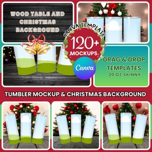 Tumbler Mockup Wrap Christmas & Wood Table Background - Skinny Tumbler 20oz Mockup - Drag and drop Canva - Editable Mockup Christmas Theme