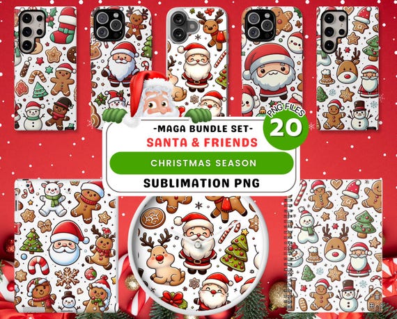Christmas Phone Case PNG Bundle, Santa and Friends Designs (20 PNG Files)