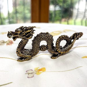 Brass Chinese Dragon Figurine – Wingless Mythical Sculpture, Asian Decor, Lucky Brass Dragon Statue, Unique Desk Ornament