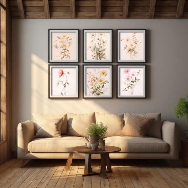 Digital Print Selection X6 Botanical Floral Bouquet Downloadable Wall Art. Flower Cluster Study Watercolor Natural flora illustration