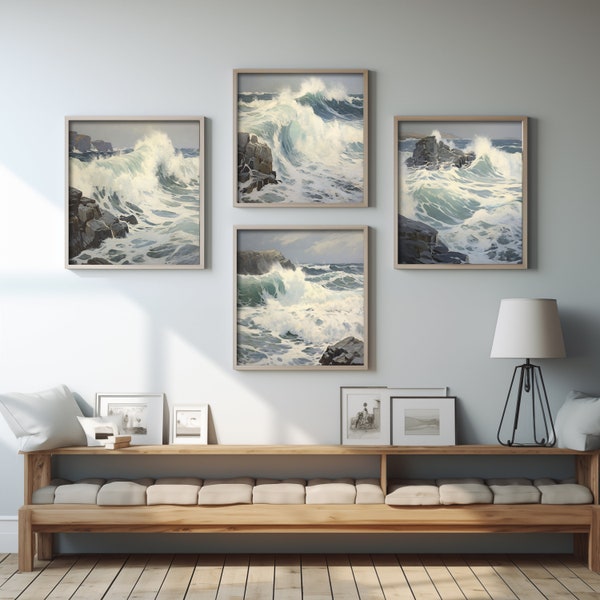 Downloadable Collection X4 Dynamic Ocean Wall Art Symphony Prints. Harmony Seascape Sunlit Serenity. Minimalist Watercolor Tranquil Waters