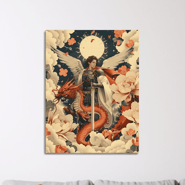 St Michael Fighting the Dragon Hanafuda Card Poster, Japanese Archangel Slaying Demon Artwork, Bible Scene Biblical Narrative Wall Gallery