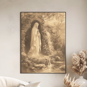 Poster vintage seppia di Nostra Signora di Lourdes, opera d'arte dell'aspetto della Vergine Maria Santa Bernadette, pezzo di acqua curativa della grotta francese della Beata Madre