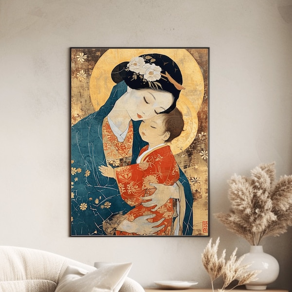 Vierge à l'enfant japonaise par Ito Shinsui, affiche asiatique de la Mère Marie avec l'enfant Jésus de Nazareth, oeuvre d'art religieuse de la Sainte Vierge et du Christ