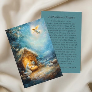 Serene kerstgebedskaart, heilige familie, Maria, Jozef en baby Jezus, vredige besneeuwde nacht met sterrenhemel, religieus kerstcadeau