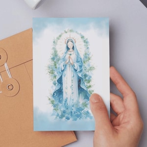 Scheda di preghiera della Madonna di Akita 4x6, acquerello Vergine Maria e Bambino, stampa artistica religiosa cattolica con preghiera sul retro, confezione da 1/5/10/25/50/100