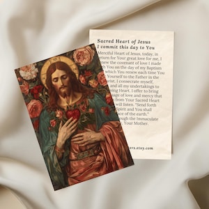 Carte de prière du Sacré-Cœur de Jésus, cadeau d'impression d'art catholique saint pour souvenir chrétien, carte postale d'oeuvre d'art christ litanie religieuse cadeau