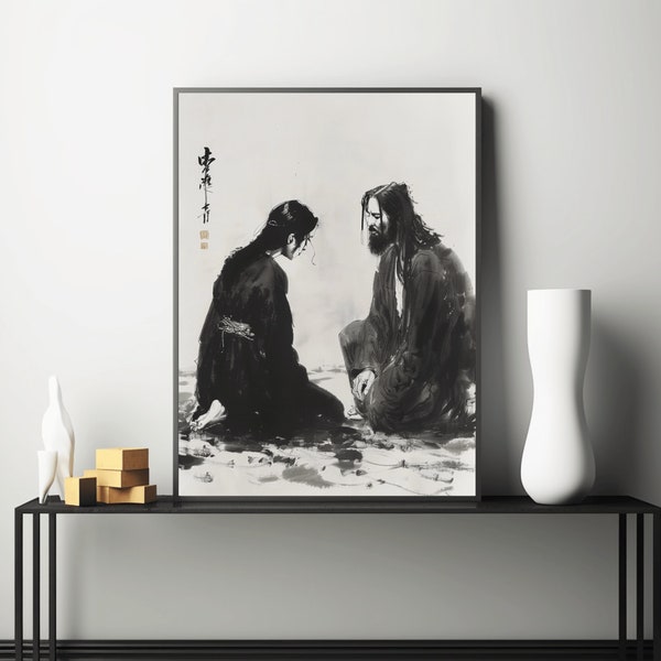 Affiche chinoise de Marie-Madeleine reçoit le pardon Qi Baishi, décoration murale asiatique de la compassion de Jésus-Christ, oeuvre d'art christianisme noir et blanc