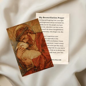 Jesus und Lammmalerei Heilige Karte, meine Versöhnungsgebetskarte, Christus der gute Hirte katholische Ikonenkunstwerk, katholisches Kunstdruckgeschenk