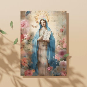Biglietto di preghiera di Nostra Signora della Speranza, stampa vintage del diario spazzatura della Beata Vergine Maria con Novena sul retro, biglietto da portafoglio spirituale regalo devoto mariano