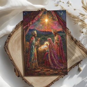 Scheda di preghiera per l'adorazione dei Magi, cartolina di Natale per la nascita di Cristo, messaggio di benedizione natalizia cattolica, decorazione per la novena di Natale
