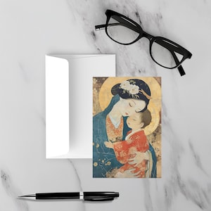 Stampa artistica cattolica giapponese Madonna col bambino 4x6", moderna arte cristiana, poster religioso di Gesù bambino e della Vergine Maria, biglietto di auguri religioso