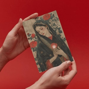 Unbeflecktes Herz Mariens Gebetskarte, Japanische Jungfrau Maria Lesezeichen, Muttergottes Katholisch Kunstdruck, Novene Postkarte Geschenk für Christen