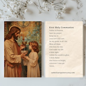 Erste heilige Kommunion-Gebetskarte, 1. Kommunionbevorzugungs-Andenken, Jesus Christus und Junge katholischer Kunstdruck, Anima Christi-Heiliges Porträtgeschenk