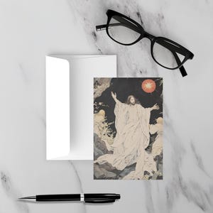 Resurrection of Jesus Christ Poster, 4x6" Catholic Art Print Japanese Ukiyo-e Design, Bible Verse Scene Religious Modern Christian Art Decor