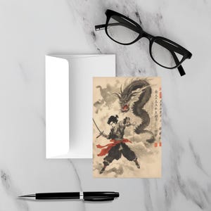 Erzengel Michael im Kampf gegen den Drachen Biblische Szene Poster, 4x6 "Religiöser japanischer katholischer Kunstdruck, Sumi-e Design chinesisches asiatisches Dekor