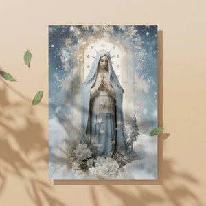 Carte de prière Notre-Dame des neiges, impression vintage de Junk Journal, impression de la Vierge Marie, cadeau marque-page neuvaine pour la confirmation d'un ami chrétien