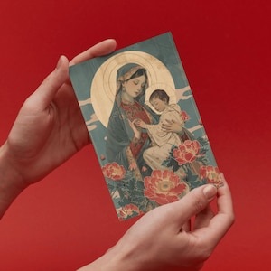Biglietto di preghiera giapponese della Madonna del Perpetuo Soccorso, cartolina religiosa della Vergine Maria, Madonna Bambino Cristo, stampa artistica cattolica asiatica, regalo per la chiesa