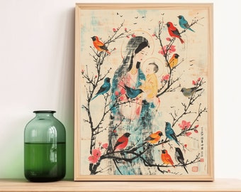 Chinese Madonna met kind Art Print: Qi versieringen vogels, Aziatische katholieke muurkunst