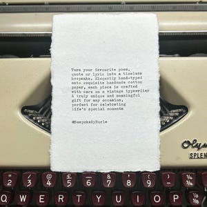 Personalised Vintage Typewriter Print on Handmade Cotton Paper – Custom Poem, Quote, or Wedding Invitation – Unique Gift Idea