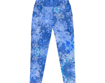 Blue leaf nature printed leggings with pockets