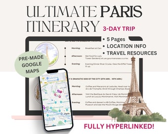 Itinerario de viaje de París Móvil Mapa de París Planificador de viajes digital Destino de París Planificador de viajes Descarga digital PDF Guía de viaje Viaje a París
