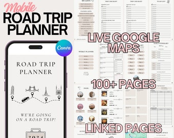 Könnte beinhalten: Ein digitaler Reiseplaner für Roadtrips mit über 100 Seiten. Der Planer enthält Abschnitte für Packlisten, Reise-Checklisten, Tagesabläufe, Essen und mehr. Der Planer ist für die Verwendung mit Google Maps konzipiert und enthält einen Abschnitt für verknüpfte Seiten. Der Planer steht zum Download im Jahr 2024 zur Verfügung.