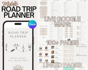 Könnte beinhalten: Ein digitaler Reiseplaner für Roadtrips in einem rosa-weißen Farbschema. Der Planer enthält Abschnitte für Packlisten, Reise-Checklisten, Tagesabläufe, Wochenplaner, Essen und mehr. Der Planer enthält auch einen Abschnitt für verknüpfte Seiten, mit denen Benutzer einfach zwischen verschiedenen Abschnitten des Planers navigieren können. Der Planer soll Benutzern helfen, ihre Roadtrips zu planen und zu organisieren.