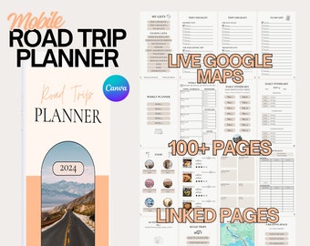 Könnte beinhalten: Ein digitaler Reiseplaner für Roadtrips mit einem Handy-Mockup auf der linken Seite und einer Vielzahl von Planerseiten auf der rechten Seite. Die Planerseiten umfassen Abschnitte für Packlisten, Reise-Checklisten, Tagesabläufe, Essen und mehr. Der Planer ist für die Verwendung mit Google Maps konzipiert und enthält einen Abschnitt für verknüpfte Seiten. Der Planer trägt den Titel "Mobile Road Trip Planner" und "Road Trip Planner". Der Planer enthält auch den Text "100+ Seiten" und "Live Google Maps".