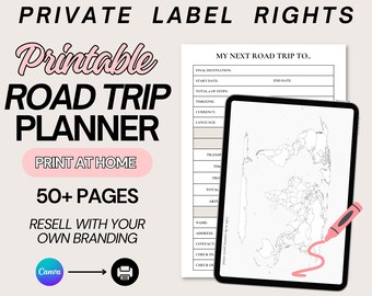 May include: Printable road trip planner with over 50 pages. The planner includes a world map for planning your next road trip. The planner is designed to be printed at home and can be resold with your own branding. The text "My Next Road Trip To..." is at the top of the page.