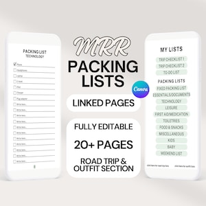Mrr Digitale Reise-Packliste Bearbeitbare Canva-Vorlage Familien-Packliste Planer-Einlagen bearbeitbare Verpackungsvorlage Reise-Checkliste Canva