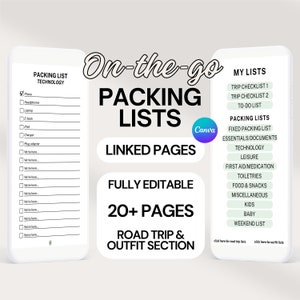 Könnte beinhalten: Eine digitale druckbare Packliste mit dem Titel "On-the-go Packing Lists" und dem Text "Linked Pages", "Fully Editable", "20+ Pages", "Road Trip & Outfit Section". Die Vorlage enthält eine Checkliste für technische Geräte wie Telefon, Kopfhörer, Laptop und Ladegerät. Die Vorlage enthält auch eine Liste von Kategorien für Packlisten, wie z. B. "Trip Checklist 1", "Trip Checklist 2", "To-Do List", "Fixed Packing List", "Essentials/Documents", "Technology", "Leisure", "First Aid/Medication", "Toiletries", "Food & Snacks", "Miscellaneous", "Kids", "Baby" und "Weekend List".