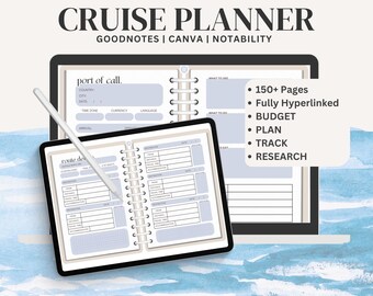 May include: A digital planner for cruise vacations with a blue and white color scheme. The planner includes sections for port of call, route details, what to do, and what to eat. The planner is designed for use with Goodnotes, Canva, and Notability. The text on the planner says "Cruise Planner" and "150+ Pages, Fully Hyperlinked, Budget, Plan, Track, Research".