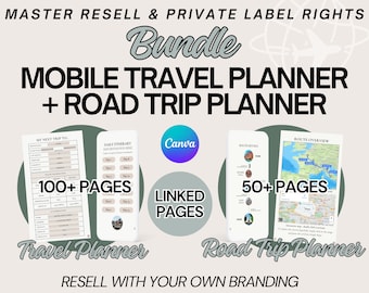 Produits numériques de voyage avec droits de revente DPP Planificateur de voyage pour iPhone, modèle mobile de planificateur de voyage sur la route Canva, modèle Mrr Bundle