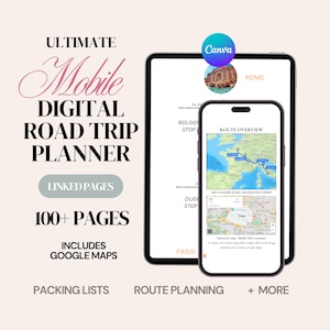 May include: A digital road trip planner with over 100 pages, including linked pages and Google Maps. The planner features a route overview with a map of Europe, packing lists, and route planning. The planner is designed for mobile use.
