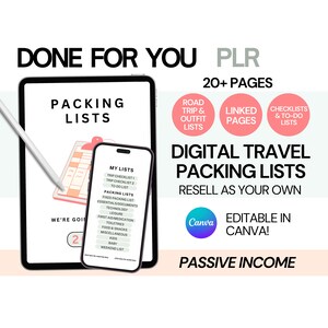 Könnte beinhalten: Ein digitales Produkt-Mockup mit dem Text "Done for You PLR" und "Digital Travel Packing Lists" in einem rosa und weißen Farbschema. Das Bild zeigt ein Tablet und ein Smartphone mit Packlisten auf dem Bildschirm. Der Text "Resell as your own" ist ebenfalls enthalten.