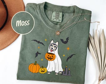 Comfort Colors Husky Ghost T-Shirt: Halloween Dog Tee