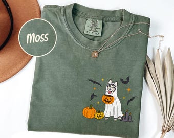 Comfort Colors Husky Ghost T-Shirt: Halloween Dog Tee