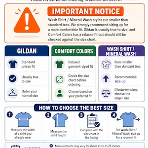May include: An informational graphic titled T-SHIRT SIZE NOTICE providing sizing guidance for Gildan, Comfort Colors, and Wash Shirt/Mineral Wash styles. It includes instructions on how to measure shirt width and length, compare with size charts, and notes on potential measurement variations of plus or minus 1 to 1.25 inches.