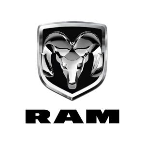 May include: The RAM logo features a silver ram's head emblem within a shield-shaped border, set against a black background. Below the emblem, the word "RAM" is displayed in bold, black capital letters. The design is on a white background.