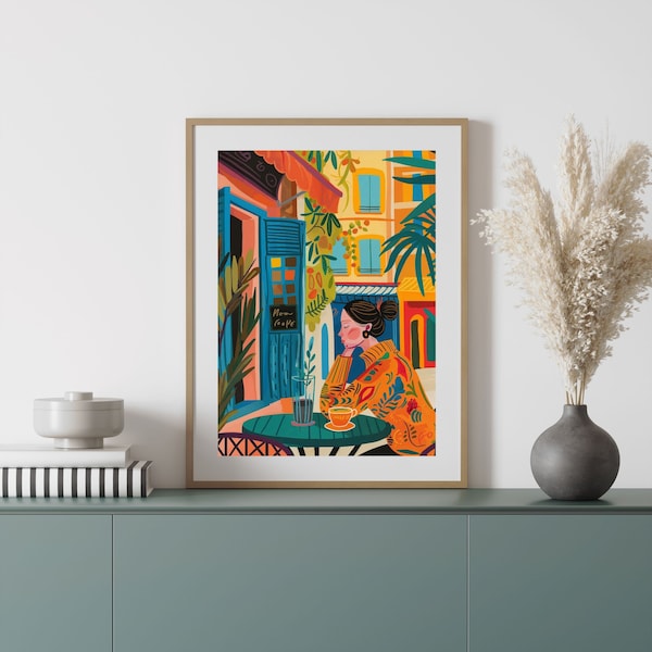 Coffee Bar Restaurant Street View Colorful Painting Henri Matisse Style Digital Print