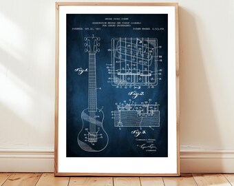 Guitar bridge and pickup from US Patent Office. Poster gift, guitarist, guitar player, musical instrument, musician, music room wall art,