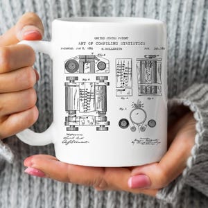 Puede incluir: Taza de cerámica blanca con una ilustración de patente en blanco y negro. El texto en la taza dice "UNITED STATES PATENT ART OF COMPILING STATISTICS" y "PATENTED. JAN 8, 1889". La taza tiene un asa y la sostiene una persona.