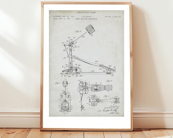 Kick drum pedal from US Patent Office. Poster gift drummer, music lover, musical instrument, percussionist,drums, drum kit, rock band