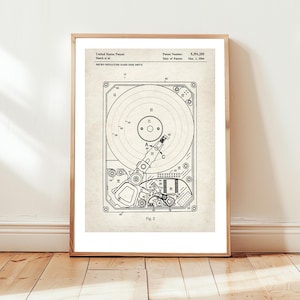 Computer hard disk drive design from US Patent Office. Poster gift IT, computer engineer, technology, computing, hardware, data, science