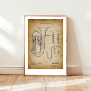 Antique Tuba from 1888 from US Patent Office. Poster gift for Tuba player, brass band, orchestra, music lover , musical instrument,