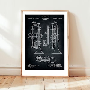 Cornet design from 1915 from US Patent Office. Poster gift for trumpet player, trumpeter, musician, music lover, cornet instrument