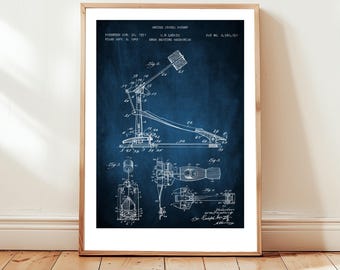 Kick drum pedal from US Patent Office. Poster gift drummer, music lover, musical instrument, percussionist,drums, drum kit, rock band