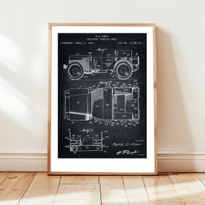 Willys military jeep design from US Patent Office. Poster gift for army, military history, armed forces, husband art, WWII history